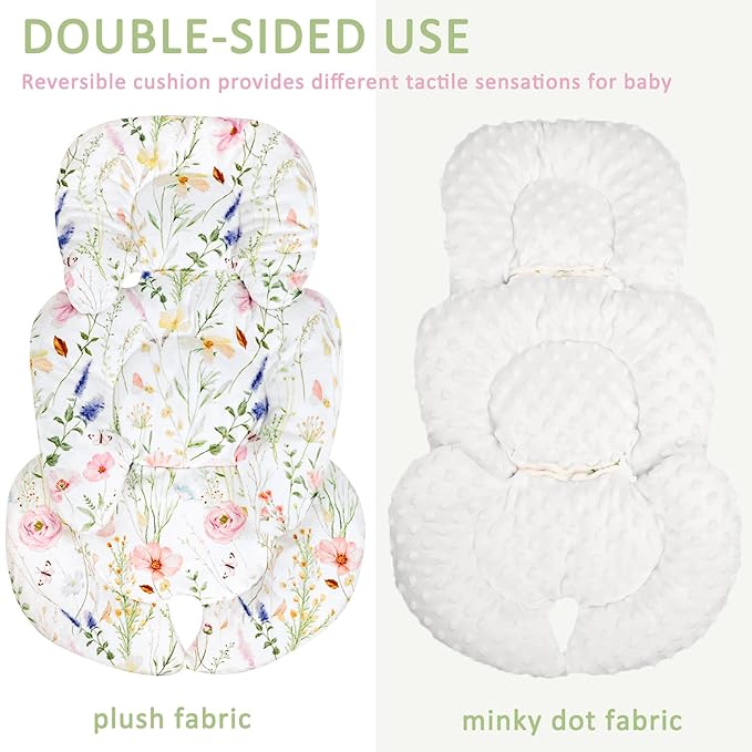 Infant Car Seat Insert, Car Seat Head Support Baby Girls Boys, Soft & Reversible Newborn Carseat Insert Cushion with 2 Strap Covers, for Stroller, Swing, Bouncer (White Wildflowers)