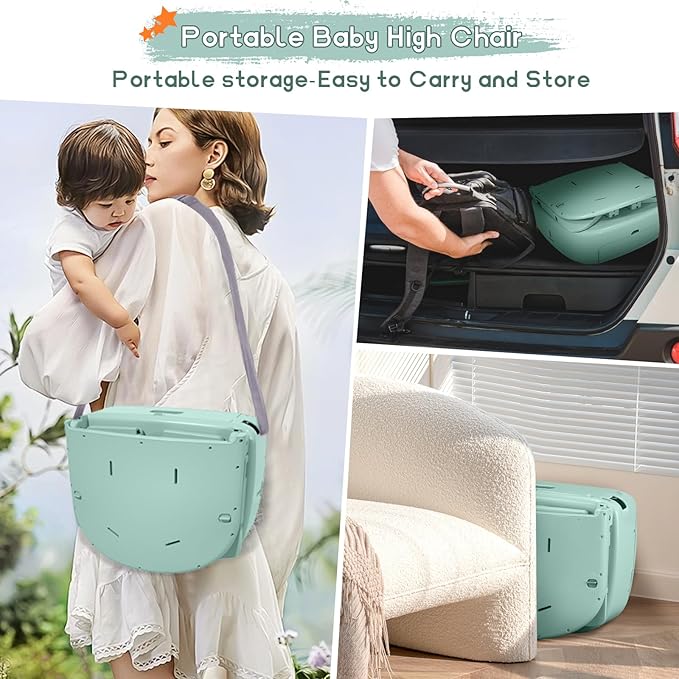 4 in 1 Portable Baby High Chair,Convertible Highchair for Babies and Toddlers-Foldable Infant Booster Seat,Carry Small Box,Dining Chair,Toddler High Chair with 5-Point Harness,Removable Tray-Green