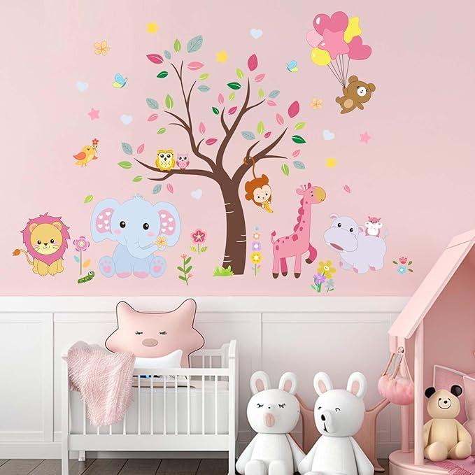 Pink Animals Baby Wall Stickers - Forest Lion Elephant Monkey Hippo Wall Decals - Girls Baby Nursery Kids Room Wall Decor