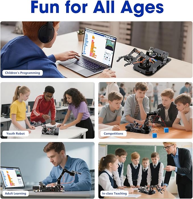 4DOF Robotic Arm Kit for Kids Compatible with Arduino IDE, Programming ESP32 Smart Robot Arm Building Kit STEM Educational Desktop Toy with Joystick and Web App Control for Children Ages 8+ and Adults