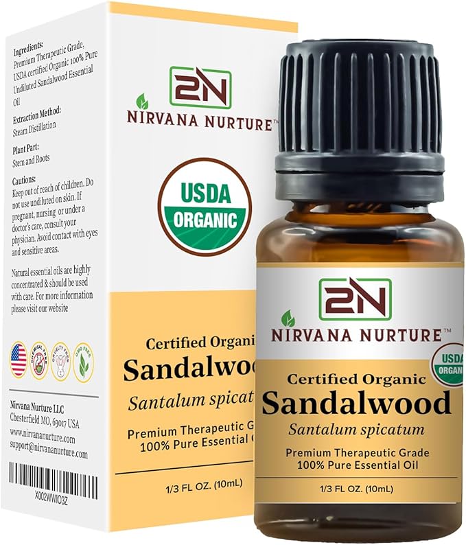 Sandalwood Essential Oil USDA Certified Organic 100% Pure Premium Therapeutic Grade, Undiluted - Aromatherapy Diffuser for Calm and Relaxation, Skin Care, Hair Care