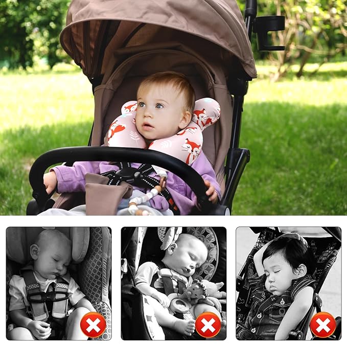 vocheer Baby Travel Pillow(Upgraded), Head and Neck Support Pillow for Pushchair, Car Seat,Stroller, Bouncer, Cotton, Orange Fox