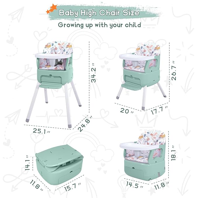 4 in 1 Portable Baby High Chair,Convertible Highchair for Babies and Toddlers-Foldable Infant Booster Seat,Carry Small Box,Dining Chair,Toddler High Chair with 5-Point Harness,Removable Tray-Green