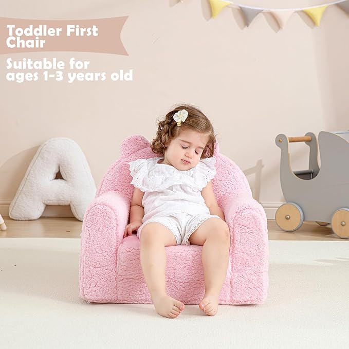 Toddler Chair,Sherpa Bear Kids Chair,Toddler Couch Fold Out,Children Reading Chair,Flip Out Kids Couch,Toddler Sofa Convertible for Age 1-3(Pink Bear)