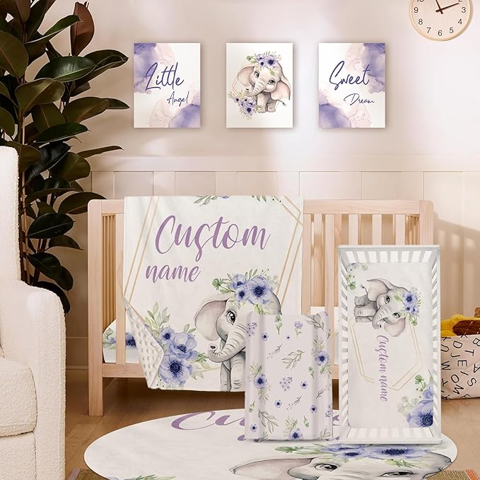 Personalized Baby Crib Bedding Set for Baby Girls, Purple Flower Pattern Elephant Theme Custom Name Baby Crib Sets 5-Pcs, Toddler Double Layer Blanket Fitted Sheets Changing Pad Cover Rug Wall Art Set