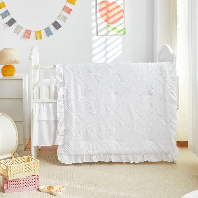 Tufted Ruffle Crib Bedding Set 3 Pieces Baby Boho Quilted Comforter with Fitted Sheet and Bed Skirt - Cute Ruffled Shabby Chic Baby Bedding Soft Blanket Design White