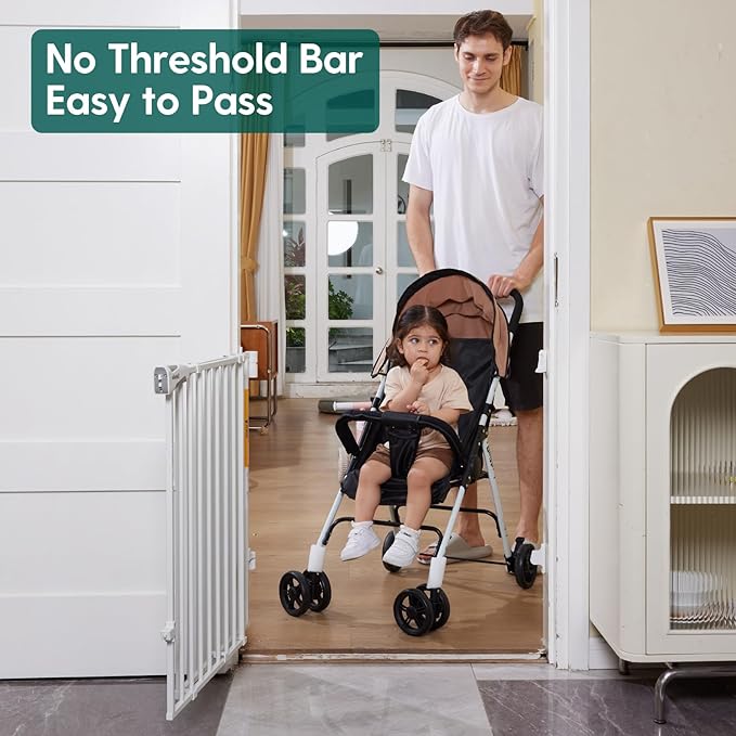 Babelio 26-43" No Bottom Bar Baby Gate for Babies, Elders and Pets, 2-in-1 Hardware Mount Dog Gate for The House, Stairs and Doorways, with Large Walk Thru Door, White