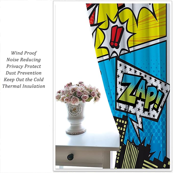 Superhero City Wars Explosion Rod Pocket Blackout Curtains for Boy Girl Bedroom, Colorful Comics Ar Home Energy Efficient Light Filtering Window Curtain for Living Room, 42x63 inch