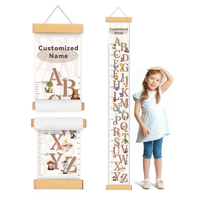 Customize Name Growth Chart Wall, Cute Letters Canvas Height Chart for Kids, Height Indicator Tape Ruler Growth Chart Decor, Toddler Room Decoration, Baby Measuring Board