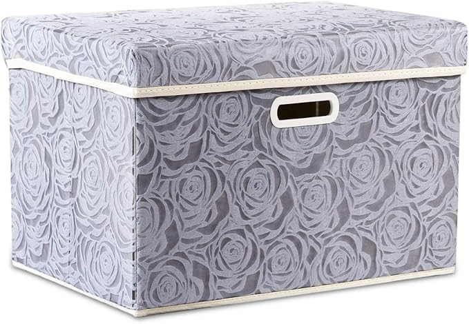 PRANDOM Larger Collapsible Storage Box with Lid [1-Pack] Fabric Decorative Storage Bin Cube Organizer Container Basket with Cover Handles for Bedroom Closet Living Room Gray 17.7x11.8x11.8 Inch