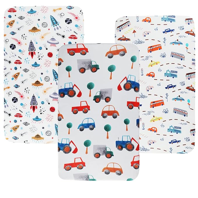 Pack n Play Sheet Stretchy Fitted Portable Mini Crib Sheets Set 3 Pack,Playard Sheets Convertible Playard Mattress Cover,Ultra Soft Jersey Material,Rocket Satellite,Car & Bus
