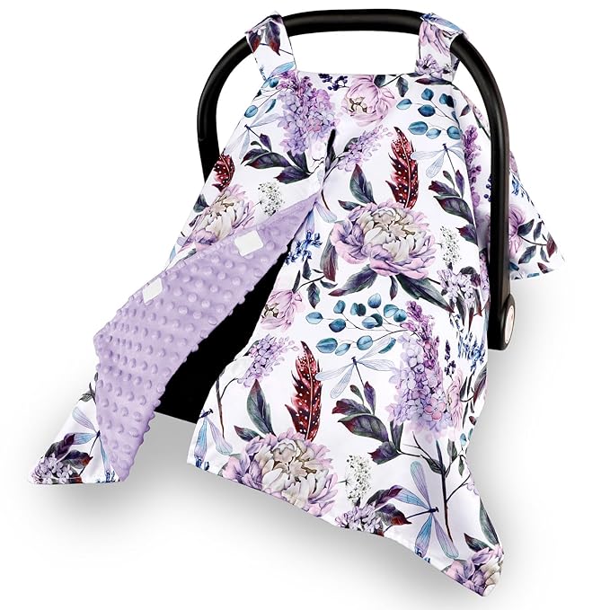 Car Seat Cover Baby, Infant Car Seat Canopy Covers for Newborn Girls Boys, Soft Breathable Mink Carseat Covers Stretchy Multi-Use Nursing Cover for Stroller Baby Car Seat, Purple Flroal