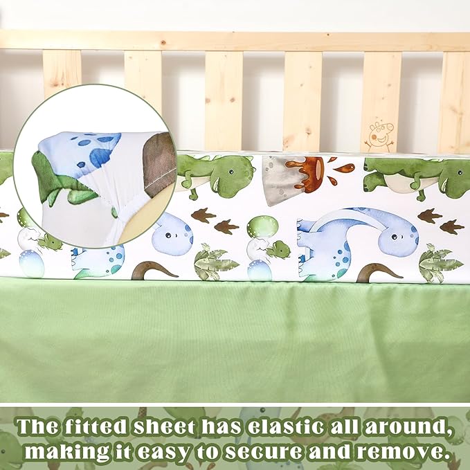 3 Pcs Baby Crib Bedding Set Safari Animals Dinosaurs Bear Woodland Animals Jungle Crib Set Includes Quilt, Fitted Sheet, Skirt for Baby Boy Girl(Green,Dinosaur)