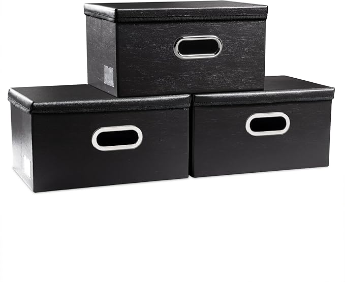 PRANDOM Collapsible Storage Box with Lid [3-Pack] Leather Fabric Foldable Storage Bin Organizer Container Basket Cube with Cover for Home Bedroom Closet Office Nursery Black(13.6x9.6x6.9)