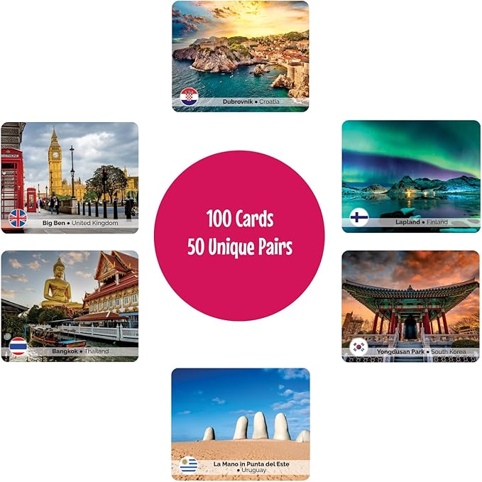 Menique Explore The World Memory Matching Game – 100 Cards (50 Pairs) with Famous Landmarks from 50 Countries – Includes Flag, Country & Place – Educational Geography Game + Informative Booklet