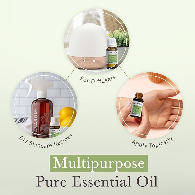 Pranarom USDA Certified Organic Rose Geranium Essential Oil (5ml), 100% Pure Undiluted Therapeutic Grade from Madagascar for Aromatherapy, Diffuser, Skincare, Relaxation, Pure Rose Scent