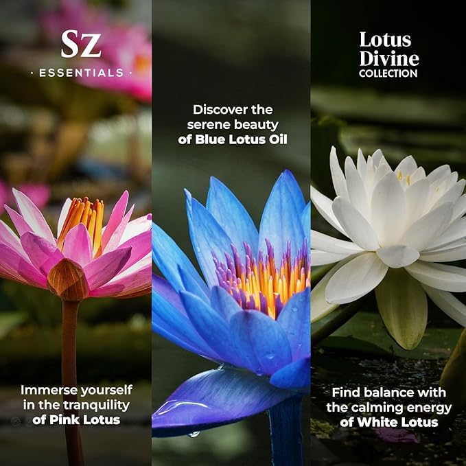 Divine Essential Oils Collection - Blue, Pink, White Lotus - Set of 3 Bottles (0.17 Fl Oz - 5ml Each) - 100% Pure, Natural & Undiluted - Therapeutic Grade & Vegan