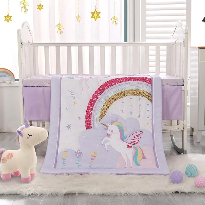 Wowelife Mini Girl Crib Bedding Set, 3 Piece Unicorn Mini Crib Comforter Set, Baby Girl Nursery Bedding Set Include Breathable Comforter, Crib Skirt and 38x24 Sheet, Purple
