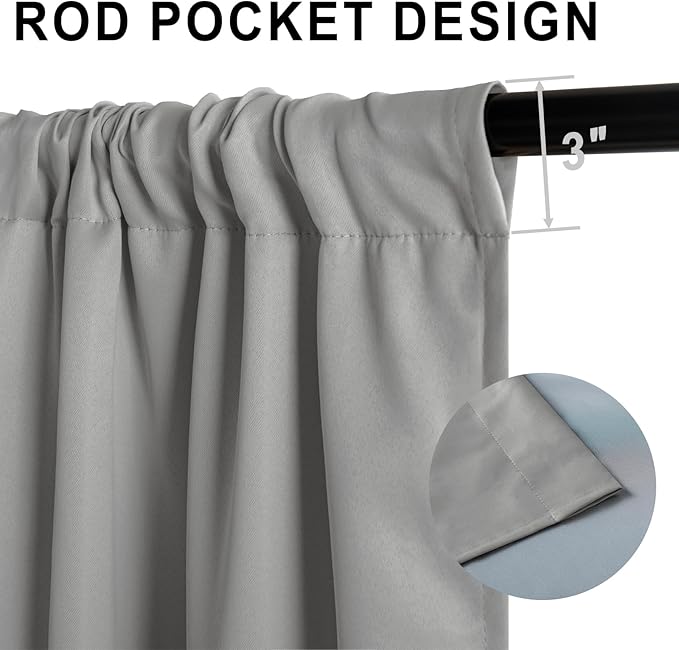 XWZO Full Shading Blackout Curtains 45 Inches Length with Tiebacks- Heat and Light Blocking Rod Pocket Window Drapes with Black Liner Backing for Bedroom/Kid's Room, Light Grey, W42 x L45, Set of 2