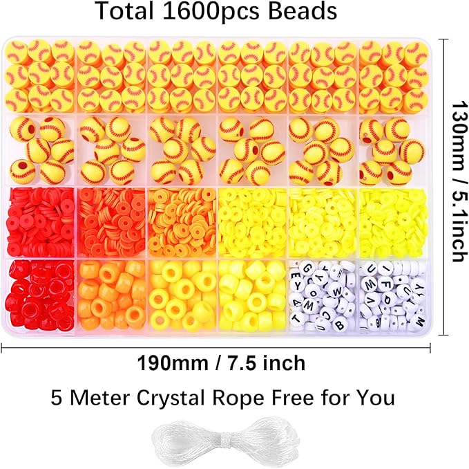 1600PCS Softball Sports Ball Polymer Clay Beads Charms for Friendship Bracelets Making Kit Cute Fun Beads DIY Arts Crafts Birthday Gifts for Kids Girls Softball Bead
