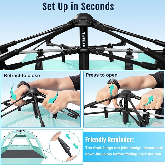 WhiteFang Deluxe Pop Up Beach Tent Sun Shade Shelter for 3-4/5-6 Person, UV Protection, Extendable Floor with 3 Ventilating Windows Plus Carrying Bag, Stakes, and Guy Lines