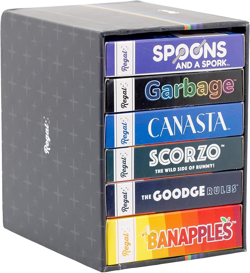 Regal Games Fun Card Games Set for Adults - Canasta, Spoons and a Spork, Garbage Monsters, ScorZo, The Goodge Rules, and Banapples Decks - Fun & Travel Playing Cards for Family Game Night