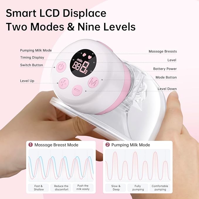 TSRETE Breast Pump, Double Wearable Breast Pump, Electric Hands-Free Breast Pumps with 2 Modes, 9 Levels, LCD Display, Memory Function Rechargeable Double Milk Extractor-21/24mm Flange, Pink