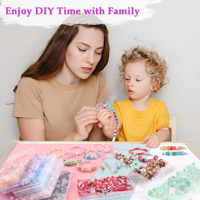 630pcs Beads for Bracelets Making Kit, European Large Hole Beads for Pens, 8mm Round Glass Beads with Charms Spacer Beads for DIY Bracelet Necklace Earring Jewelry Making (Lake Blue)