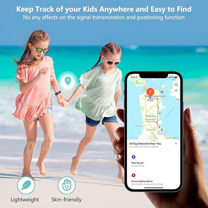 2 Pack Waterproof Airtag Wristband Kids - Anti-Lost Silicone Airtag Holder Cases for Toddler - GPS Tracker Watch Band (Black+Blue)