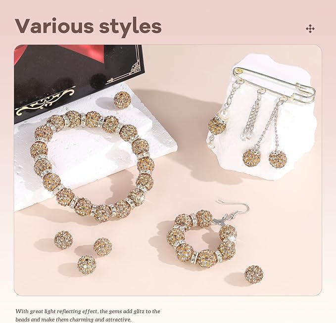 200pcs 10mm Rhinestone Beads for Jewelry Making, Light Brown Shiny Round Disco Ball Beads Bulk, Sparkle Crystal Clay Christmas for Bracelet Baseball Necklace Earring Crafting and DIY