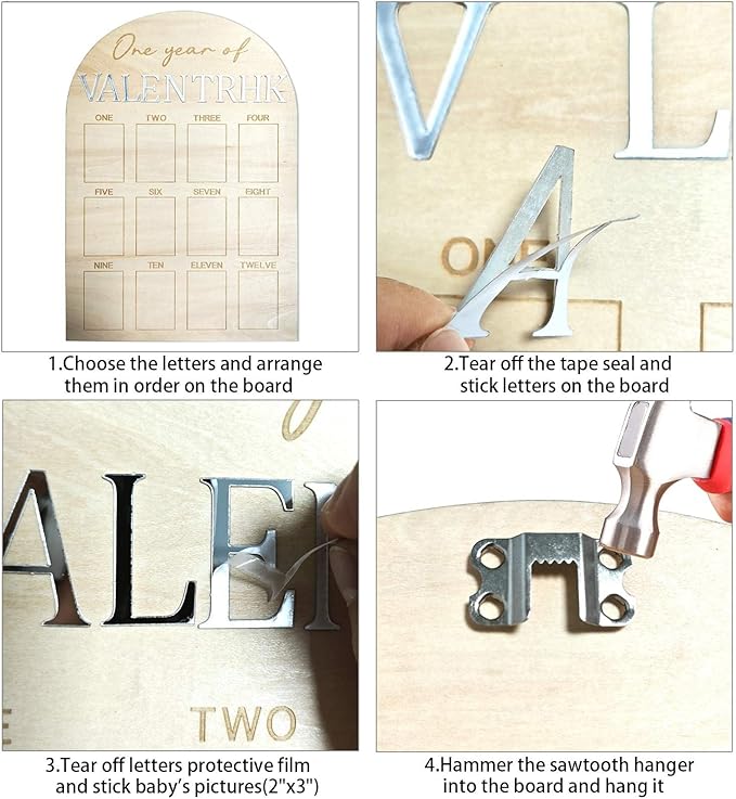 One Year Of Photo Board My First Year Milestone Board 12 Monthly Picture Frame Baby's First Year Wood Photo Board Acrylic Mirror Letters 1st Birthday Decoration Baby Keepsake Gift (2" x 3" photos - Wallet Size)