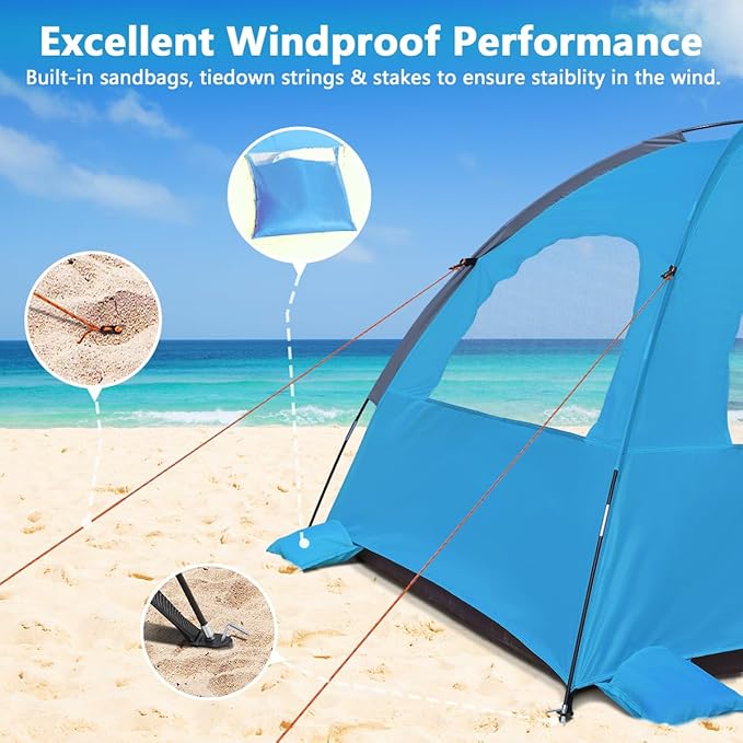 NXONE Beach Tent Sun Shade Shelter for 3/4/6 Person Person with UV Protection, Extended Floor, 3 Mesh Roll Up Windows & 8.0/8.5mm Fiberglass Rods丨Carry Bag Included