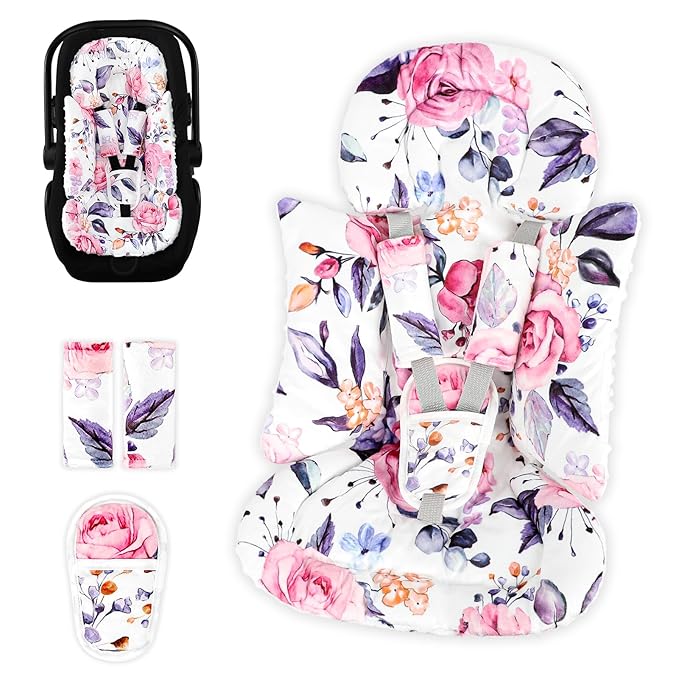 Pea Pod Infant Car Seat Insert with 3 Strap Covers, 3 in 1 Reversible Floral Baby Car Seat Head Support for Newborn, 3D Soft Minky Carseat Cushion for Preemie to Infant, Stroller, Swing, Bouncer