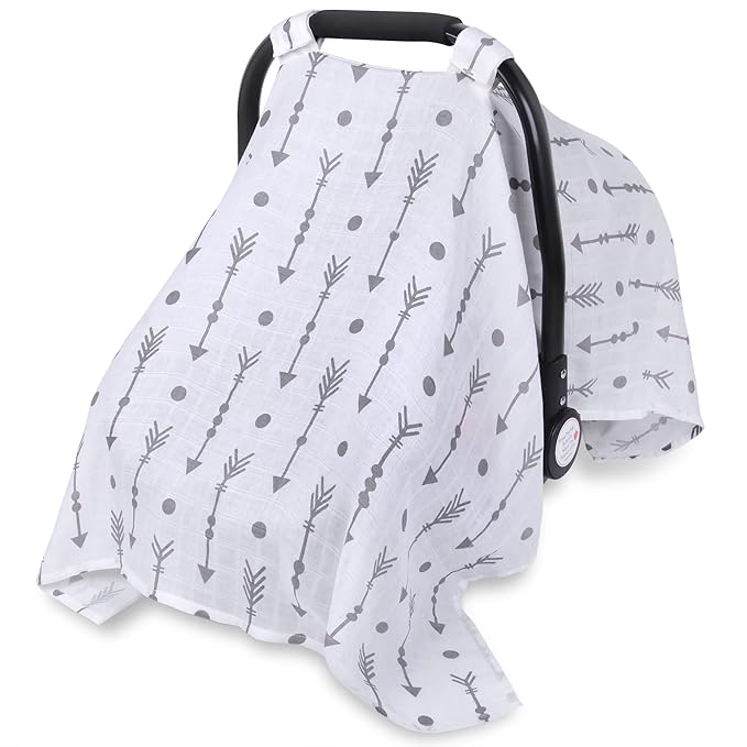 Rquite Car Seat Covers for Babies, 100% Muslin Carseat Cover Boys Girls, Lightweight Infant Car Seat Canopy, Soft Breathable Baby Carrier Cover, Summer Stroller Cover (Grey Arrow)