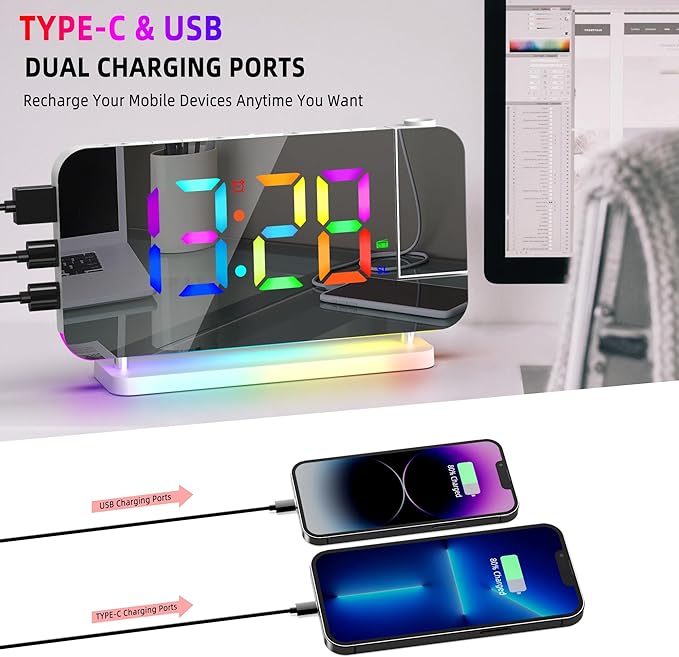 Projection Alarm Clock for Bedroom Ceiling,RGB Digital Clocks with 10 Colors RGB Night Light,Loud Alarm Clock for Heavy Sleepers,USB C Charger Port,Snooze,12/24H,Auto Dimming