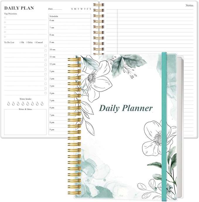 Daily Planner Undated - B5 To Do List Notebook Hourly Schedules, Spiral Appointment Planner for Women and Men, PVC Hardcover, Inner Pocket, Elastic Closure, 7" x 10", Teal Flowers