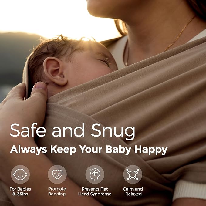 Momcozy Baby Wrap Carrier - Easy to Wear Infant Carrier Slings, Lightweight Hands Free Baby Sling, Adjustable Baby Carriers for Newborn to Toddler 8-35 lbs, Baby Wraps Carrier, Light Curry