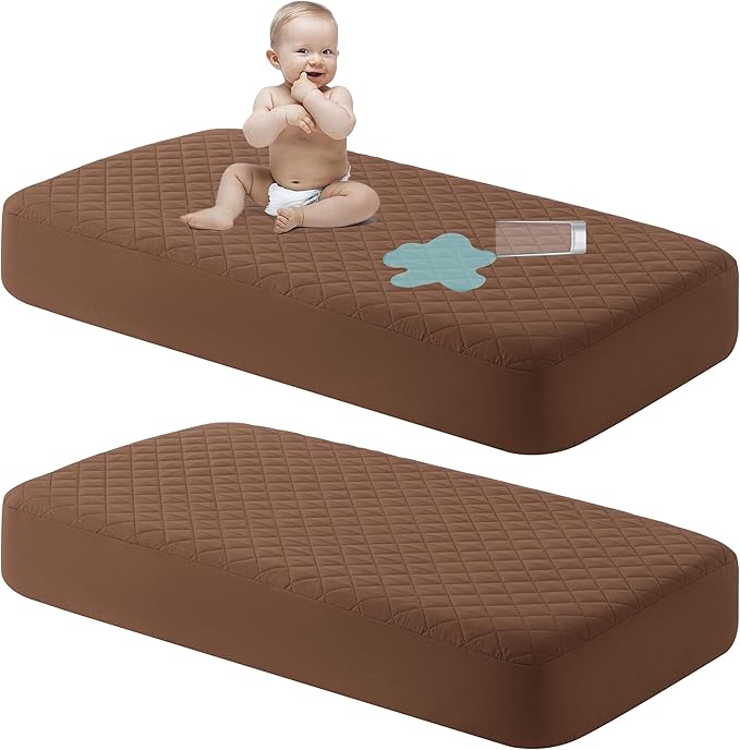 NTBAY 2 Pack Waterproof Mini Crib Mattress Protector, Quilted 24"x38" Fitted Mattress Cover - Machine Washable - Soft and Breathable Baby Mattress Pad Sheet for Mini Crib and Baby Playards, Brown