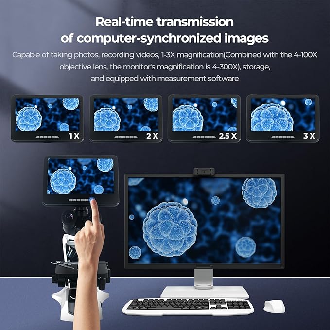 [Infinity-Corrected] Trinocular Compound Microscope with 10" 24MP Monitor, 40-1000X Magnification, Infinity Achromatic Objectives FL10X Eyepieces,Large Mechanical Stage, One-click taking photo & video