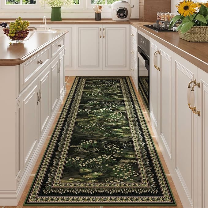 2x6 Runner Rug Impressionist-Style Vintage Kitchen Rugs Non Slip Washable Soft Carpet Runner for Kitchen Laundry Bedroom Bathroom, Green
