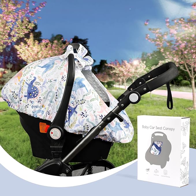 Pea Pod Car Seat Cover Baby Boy, Infant Car Seat Canopy Covers for Newborn with 2 Layers Windows of Breathable Mesh Fabric, Lightweight Polyester/Soft Minky Dot Backing