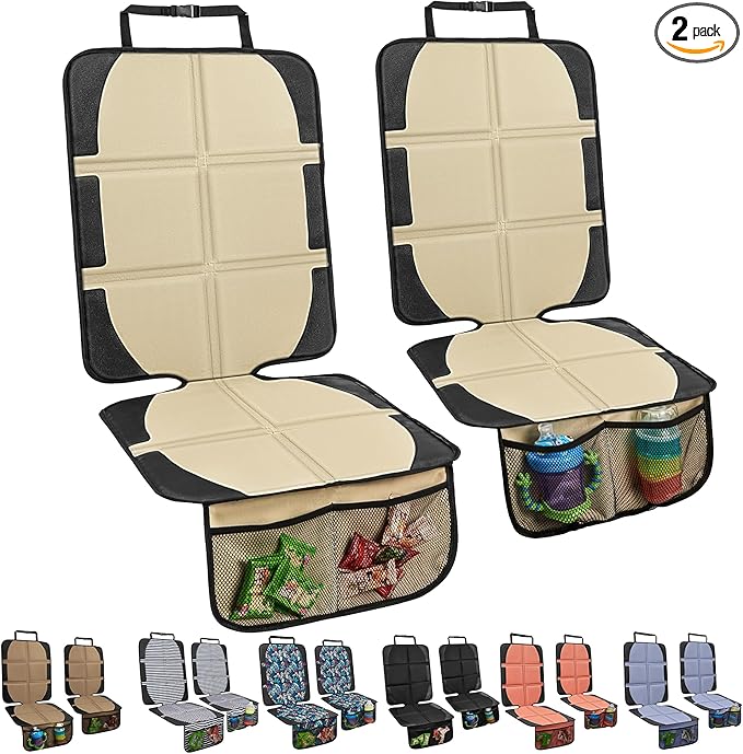 Car Seat Protector for Child Car Seat, 2 Pack Baby Car Seat Covers with Mesh Pockets & Non-Slip Backing 600D Durable Seat Protector Under Baby Car Seat for Car Back Seat (Beige, Large)