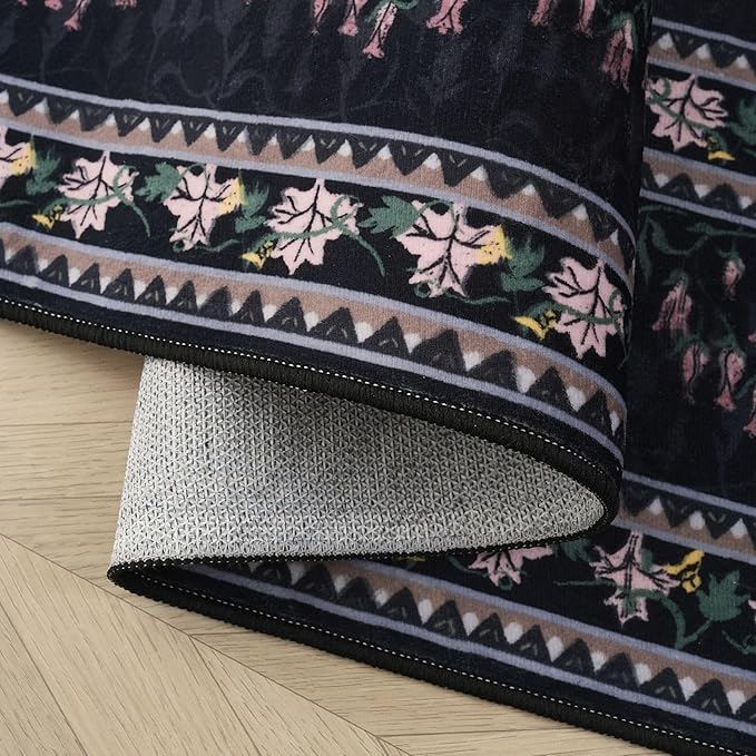 4x6 Rug for Bedroom Impressionist-Style Vintage Washable Rugs Non Slip Low Pile Small Carpet for Bedside Kids Room Office Dining Room, Black