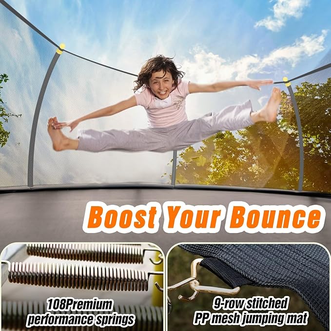 10FT 12FT 14FT 16FT Pumpkin Trampoline for Kids Adults, ASTM Approved Outdoor Recreational Trampoline with Basketball Hoop, Enclosure Net, Yellow