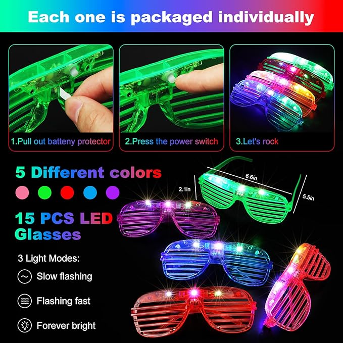 290 PCS Glow in the Dark Party Supplies, 200 Glow Sticks, 24 Fiber Optic Wands, 15 LED Glasses, 33 Finger Lights and 18 LED Hair Clips for Wedding, Birthday, Concert, Raves, New Year