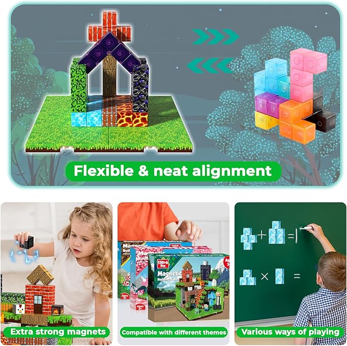 150 PCS Magnetic Blocks - Magnetic Building Block with 6 Baseplate, Stacking Magnets for Kids, Sensory Toy for Toddlers STEM Learning, Birthday Gifts for 3+ Years Old Boys Girls