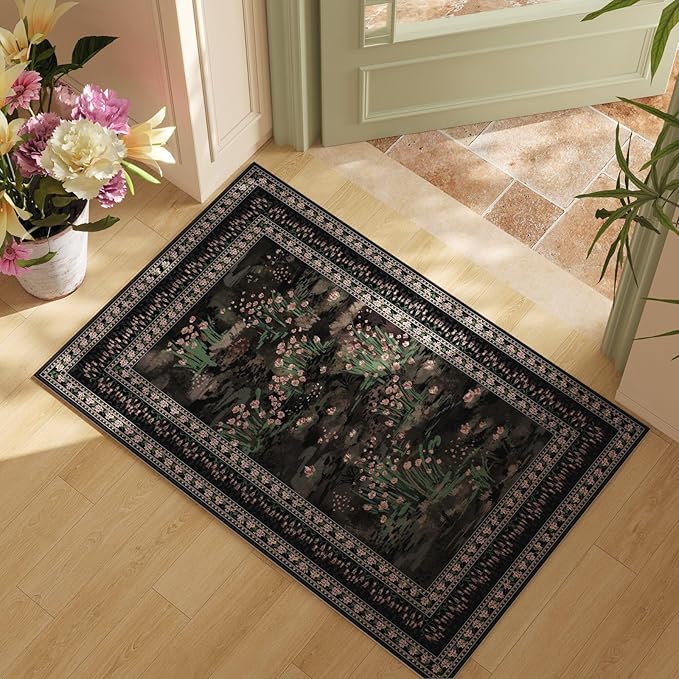 2x3 Rug Abstract Vintage Indoor Door Mat Machine Washable Small Area Rug Non-Slip Low Pile Throw Rugs for Entryway Kitchen Front Door Indoor Entrance Entry Kids Room, Black