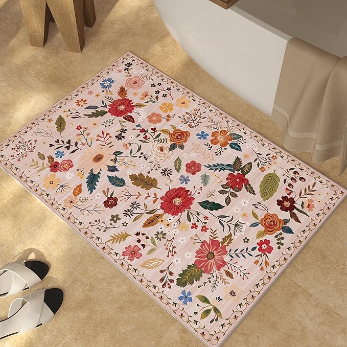 3x5 Area Rug, Floral Pink Washable Rug for Entryway, Non Slip Flower Area Rugs, Soft Low Pile Indoor Doormat Small Carpet, Rugs for Living Room Bedroom Nursery Kitchen Dining Room, Pink/Beige