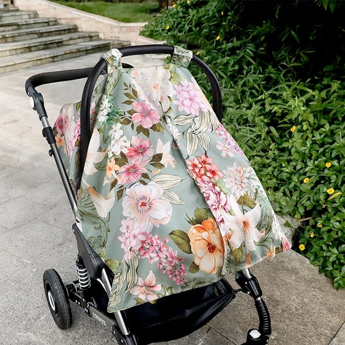 Car Seat Cover Baby, Flroal Infant Car Seat Canopy Covers for Newborn Girls Boys, Soft Breathable Minky Carseat Covers Stretchy Multi-Use Nursing Cover for Stroller Baby Car Seat, Green Leaf