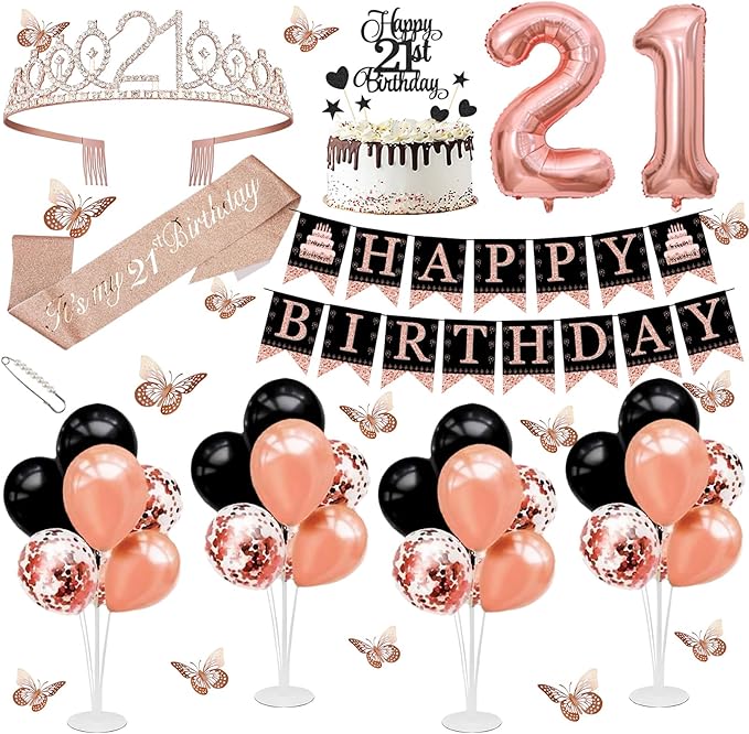 21st Birthday Decorations for Girls Women - 56pcs Rose Gold Happy 21st Banner, 21st Birthday Crown Sash, Cake Topper, Number 21 balloons, 3D Butterflies, 4 Balloon Stands kits